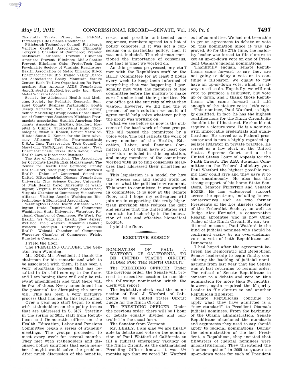 CONGRESSIONAL RECORD—SENATE, Vol. 158, Pt. 6 May 21, 2012 Bush’S Judicial Nominations