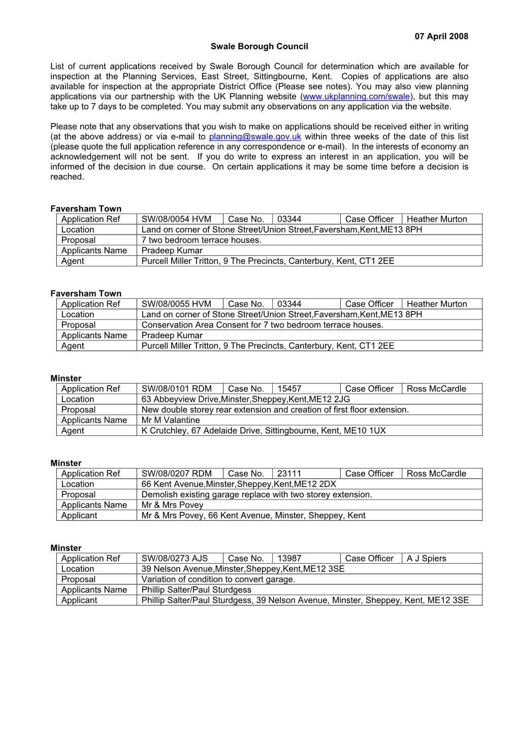 07 April 2008 Swale Borough Council List of Current Applications Received