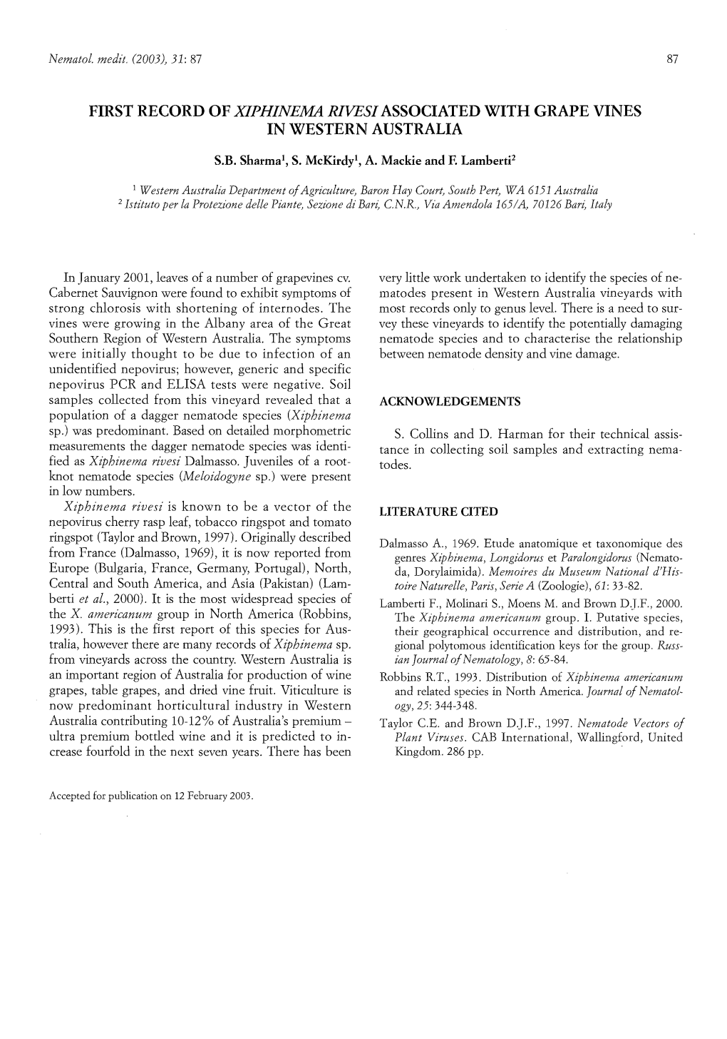 First Record of Xiphinema Rivesi Associated with Grape Vines in Western Australia