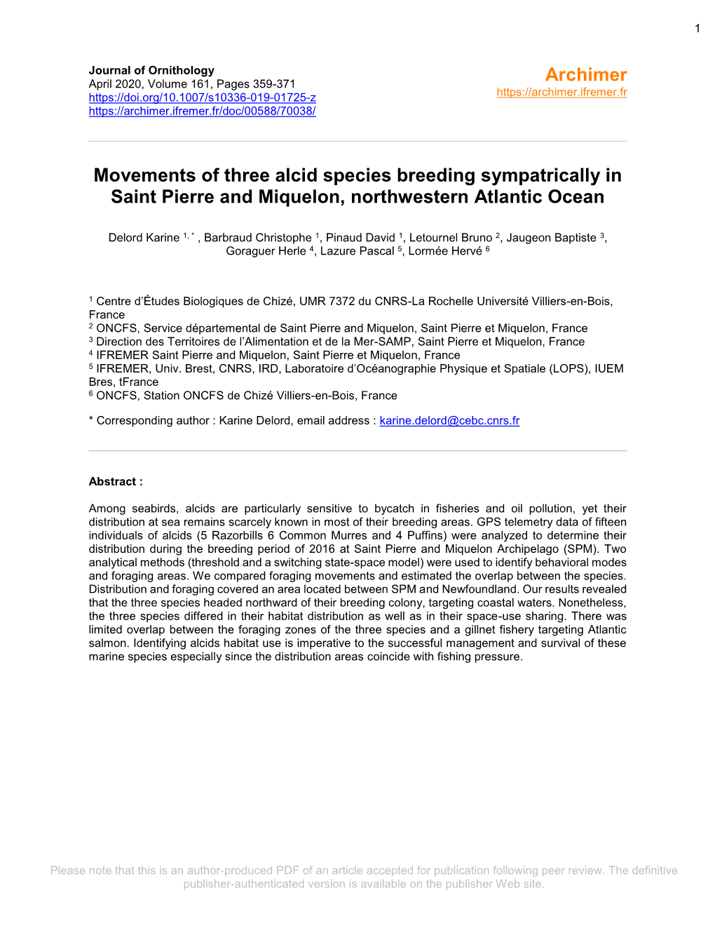 Movements of Three Alcid Species Breeding Sympatrically in Saint Pierre and Miquelon, Northwestern Atlantic Ocean