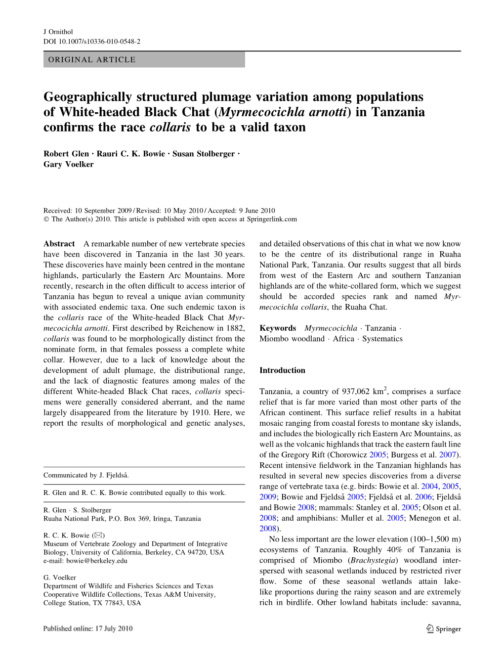 Myrmecocichla Arnotti) in Tanzania Conﬁrms the Race Collaris to Be a Valid Taxon