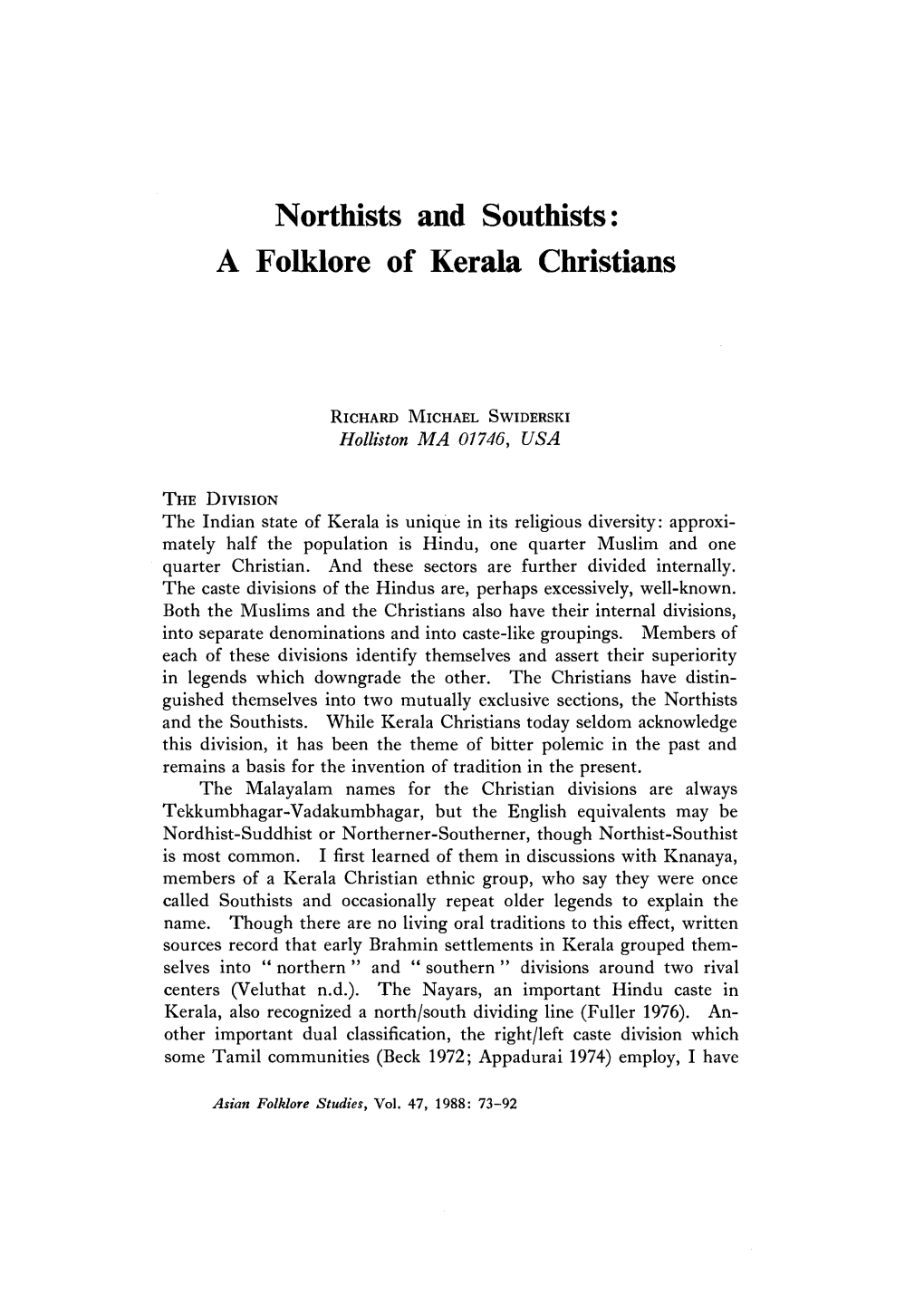 Northists and Southists: a Folklore of Kerala Christians