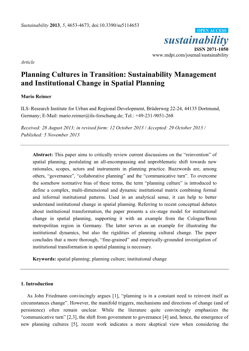Planning Cultures in Transition: Sustainability Management and Institutional Change in Spatial Planning