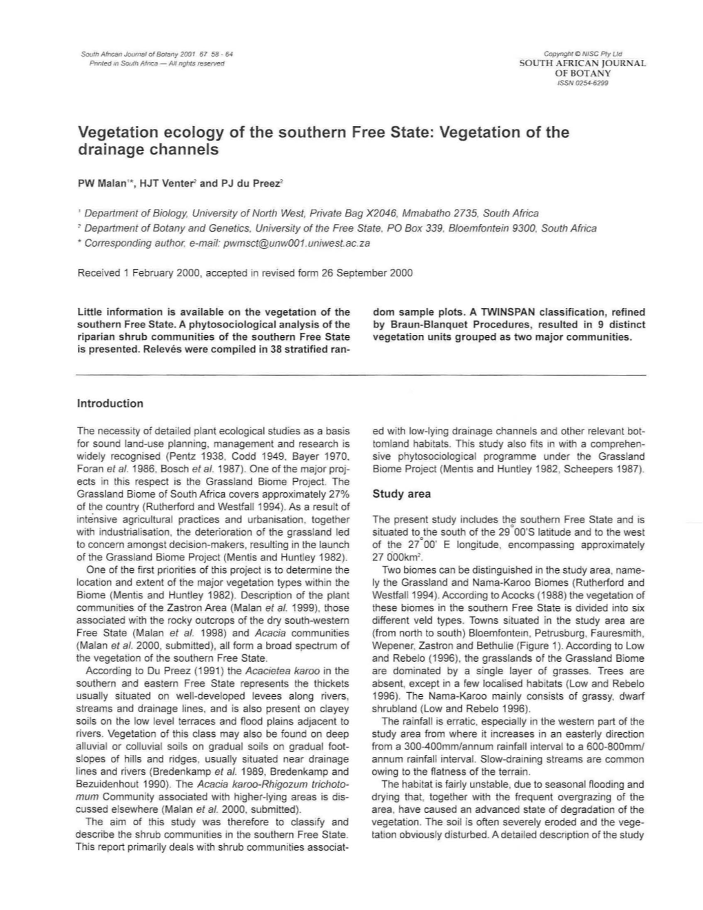 Vegetation Ecology of the Southern Free State: Vegetation of the Drainage Channels