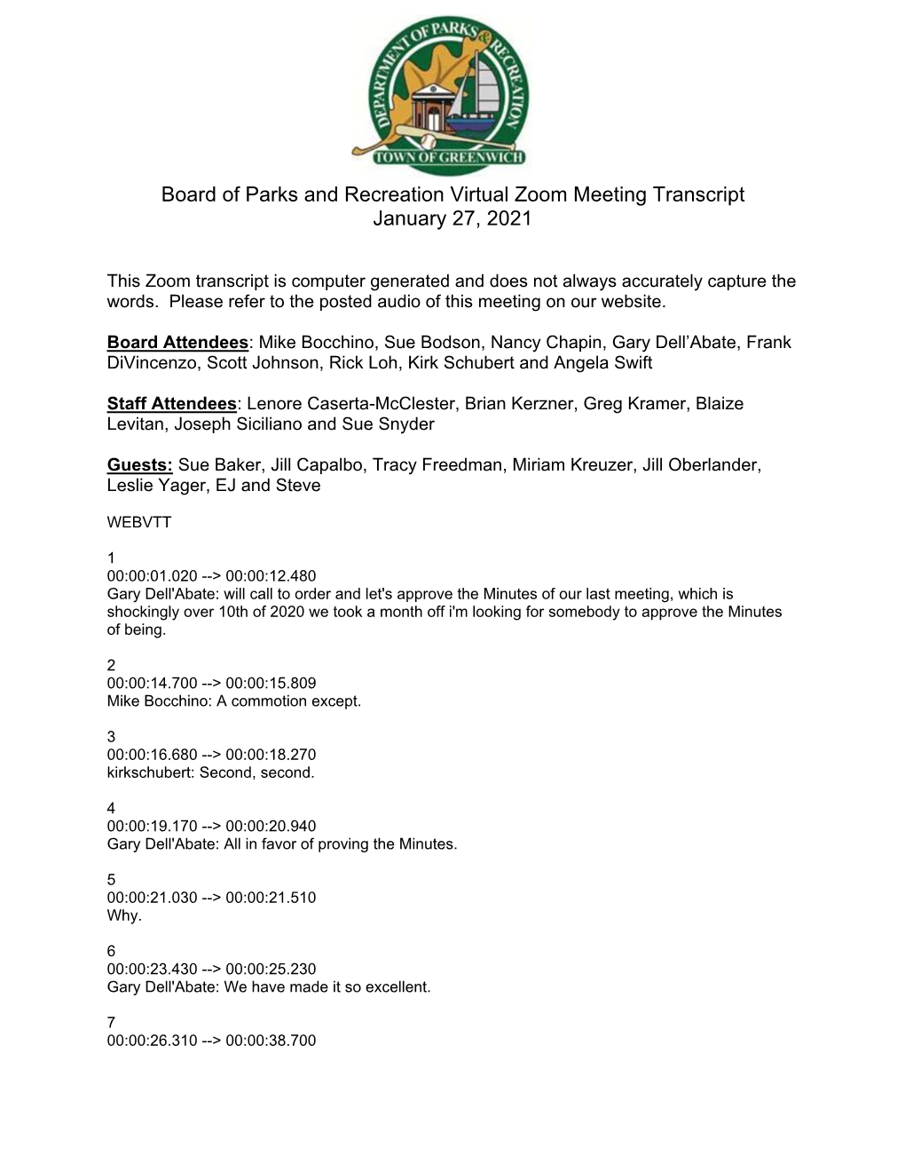 Board of Parks and Recreation Virtual Zoom Meeting Transcript January 27, 2021
