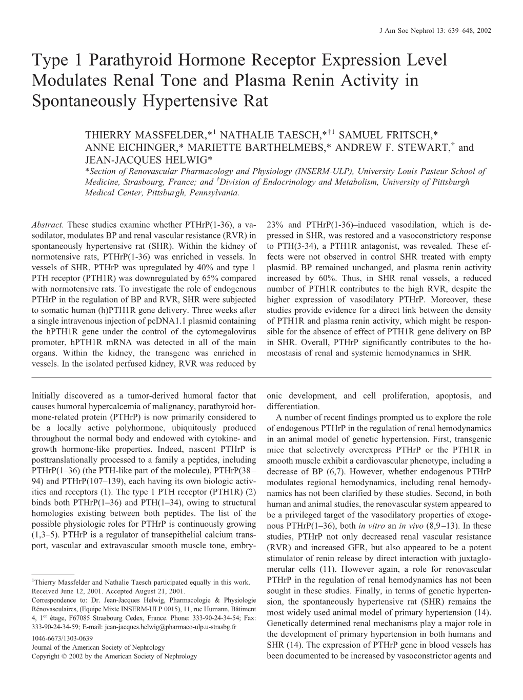 Type 1 Parathyroid Hormone Receptor Expression Level Modulates Renal Tone and Plasma Renin Activity in Spontaneously Hypertensive Rat