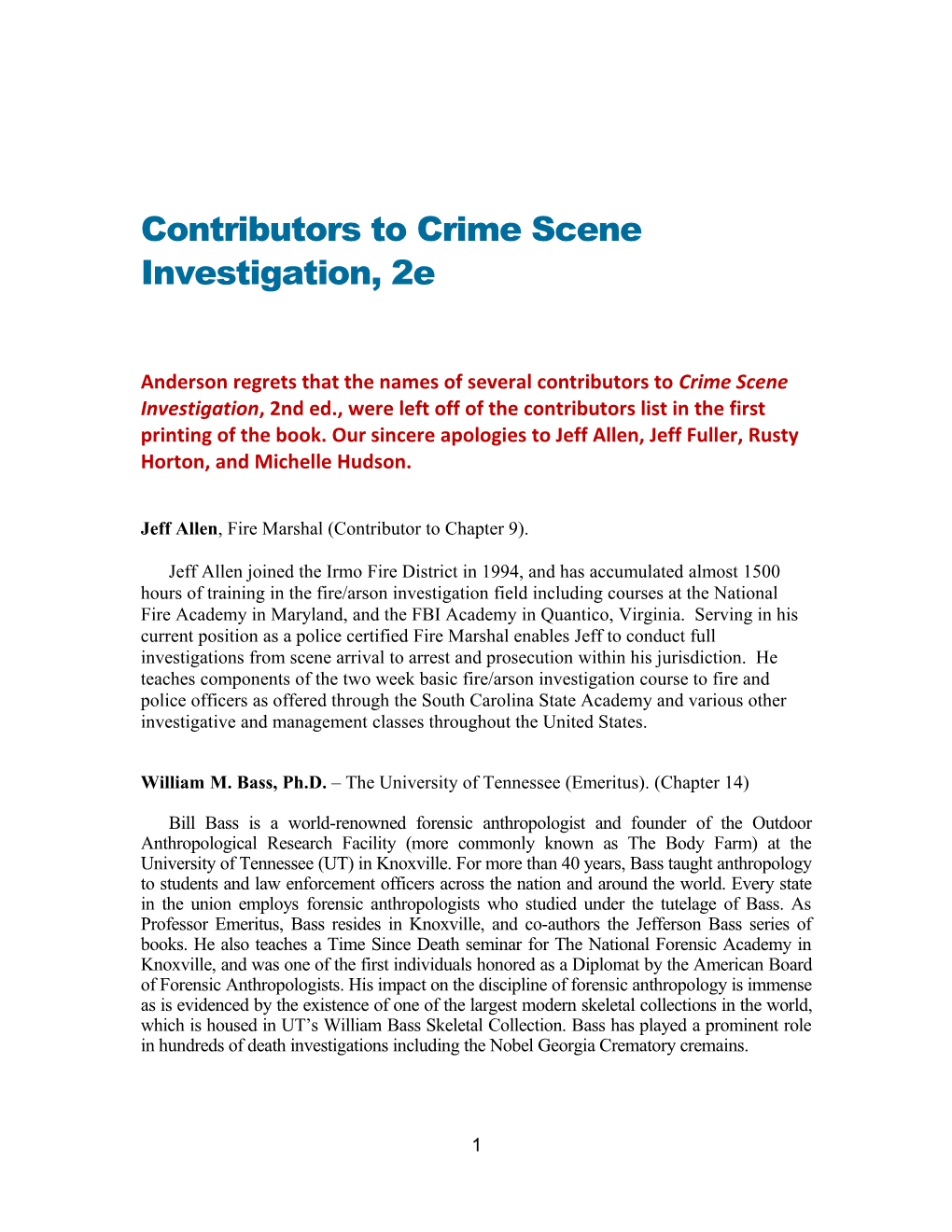 Contributors to Crime Scene Investigation, 2E