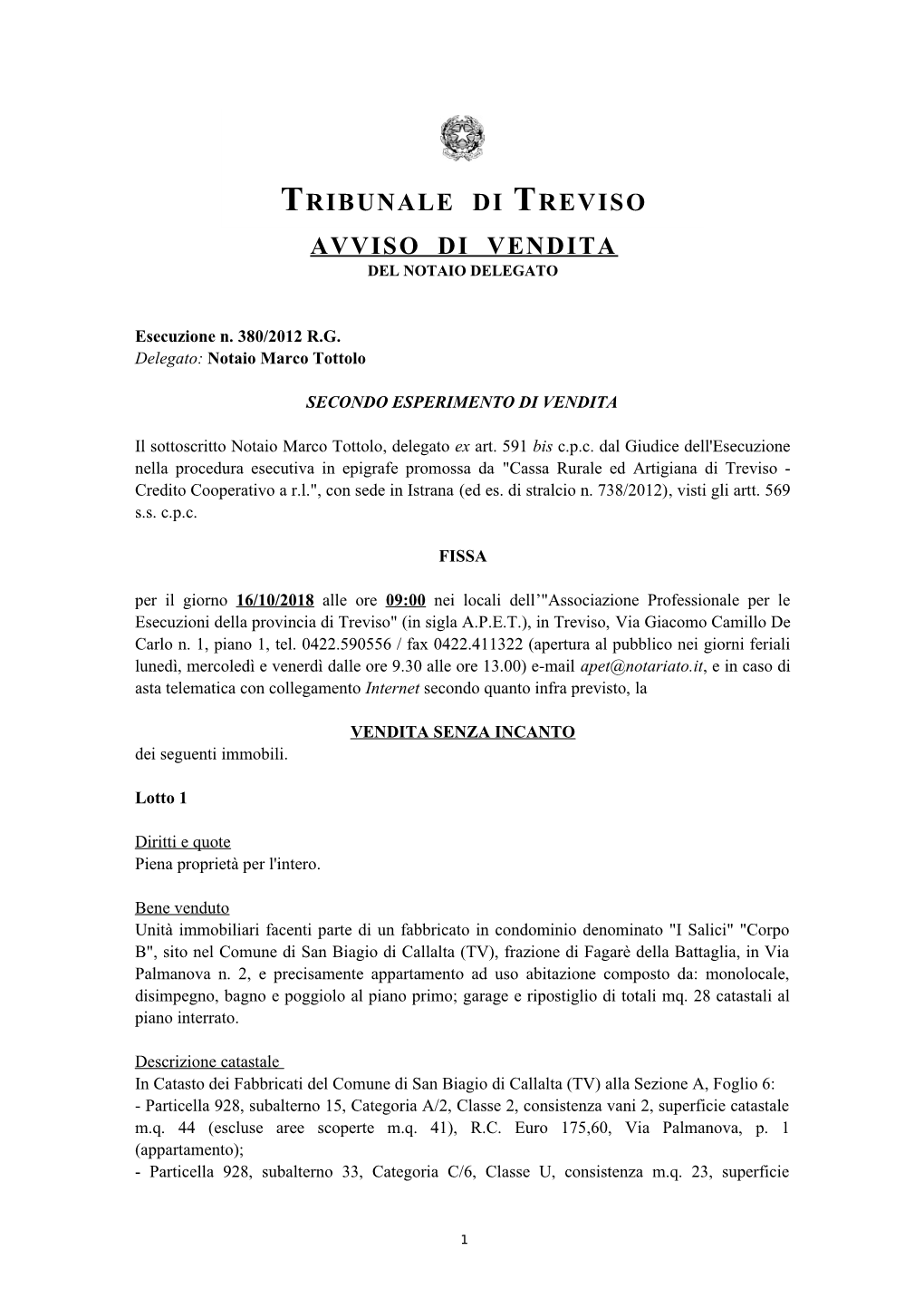 Avviso Di Vendita Tribunale Di Treviso