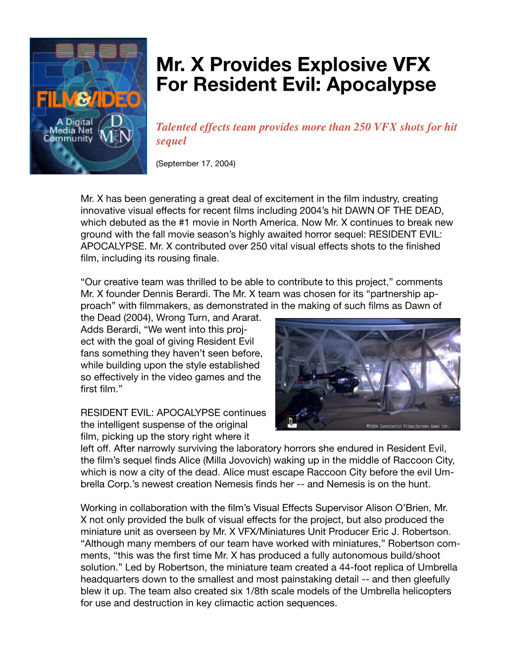 Mr. X Provides Explosive VFX for Resident Evil: Apocalypse