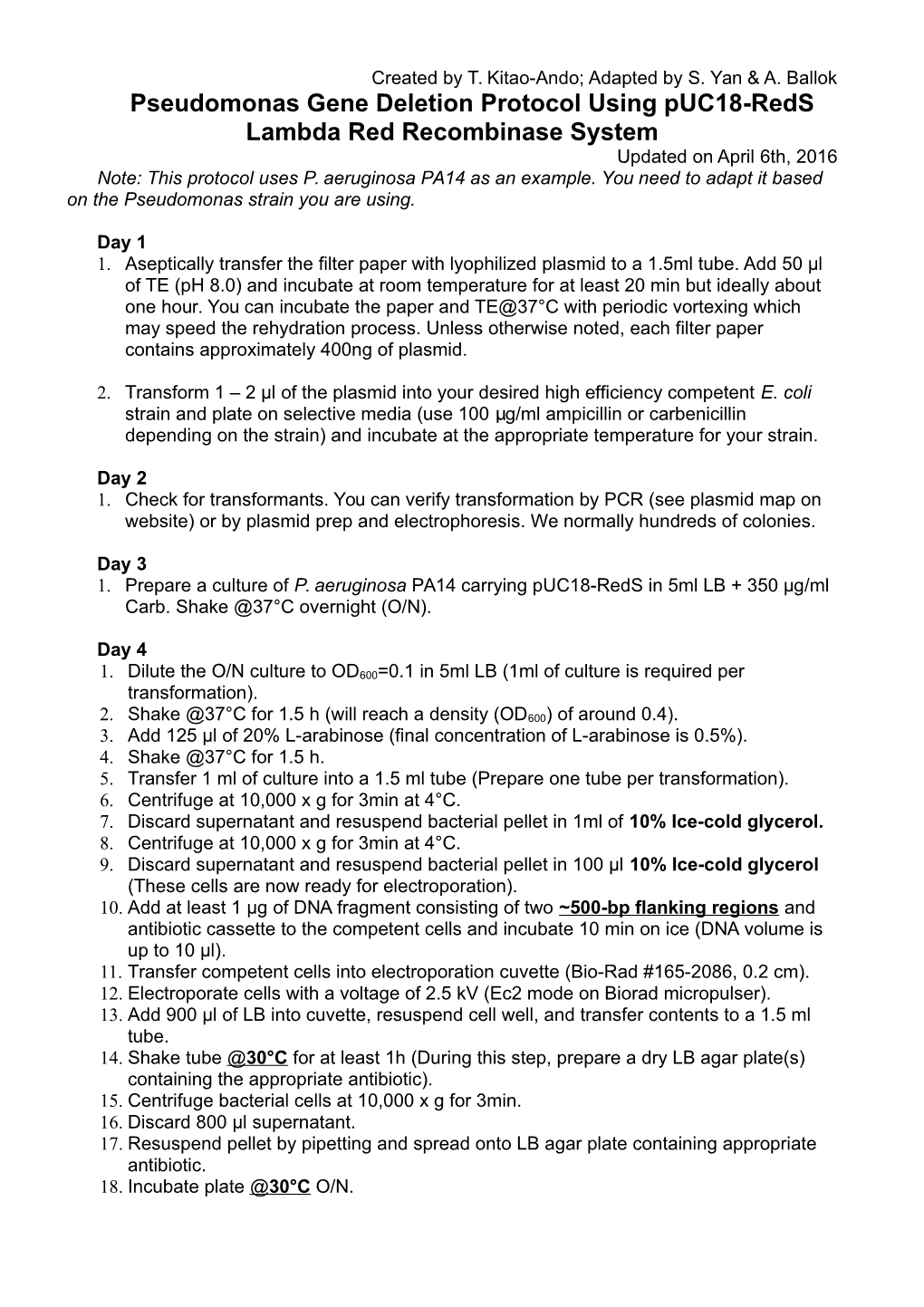 Pseudomonas Gene Deletion Protocol Using Puc18-Reds Lambda Red Recombinase System