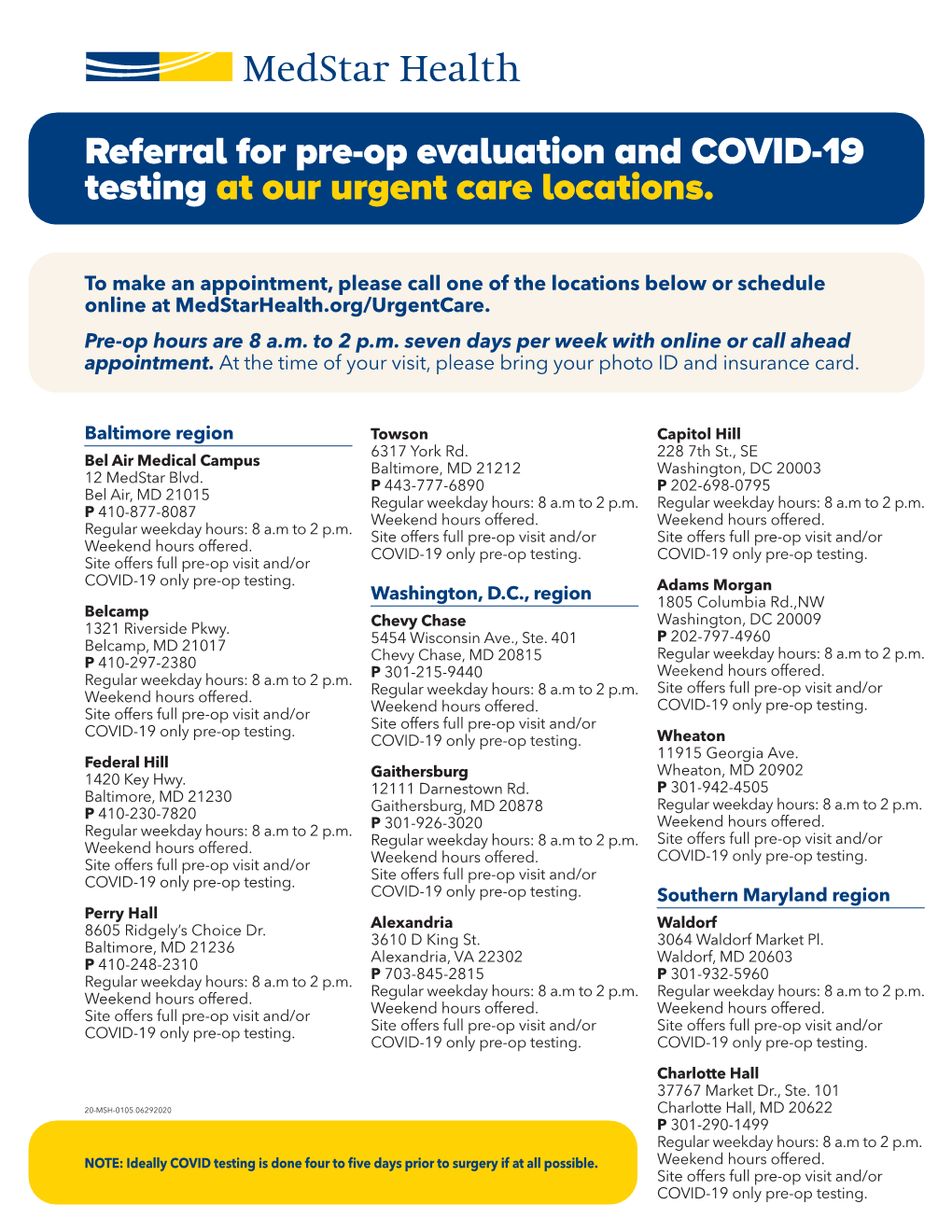 Referral for Pre-Op Evaluation and COVID-19 Testing at Our Urgent Care Locations