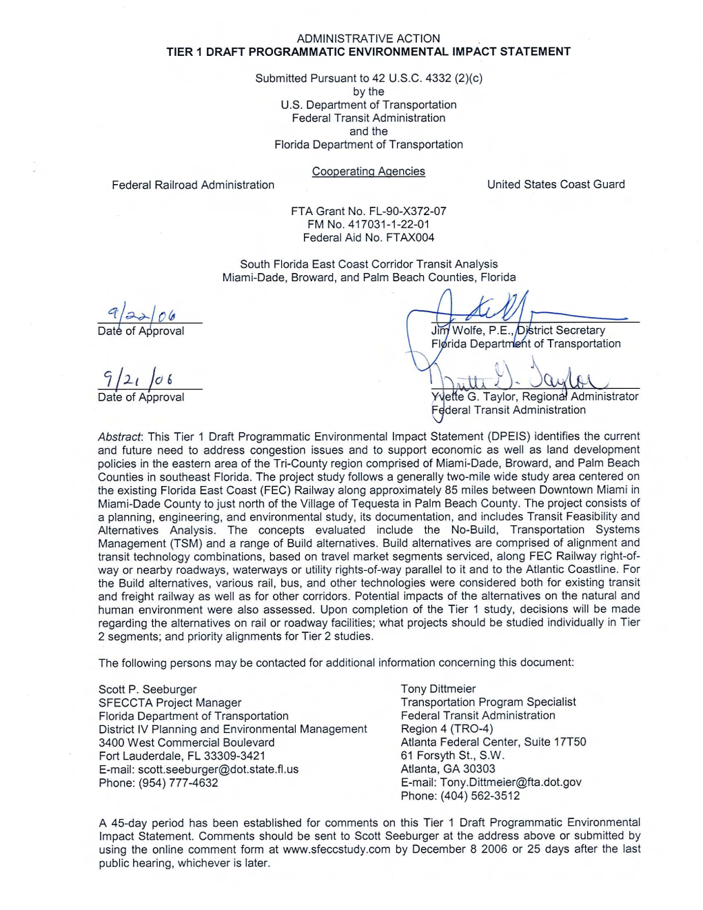 Tier 1 Draft Programmatic Environmental Impact Statement (DPEIS) for the South Florida East Coast Corridor Transit Analysis (SFECCTA) Study