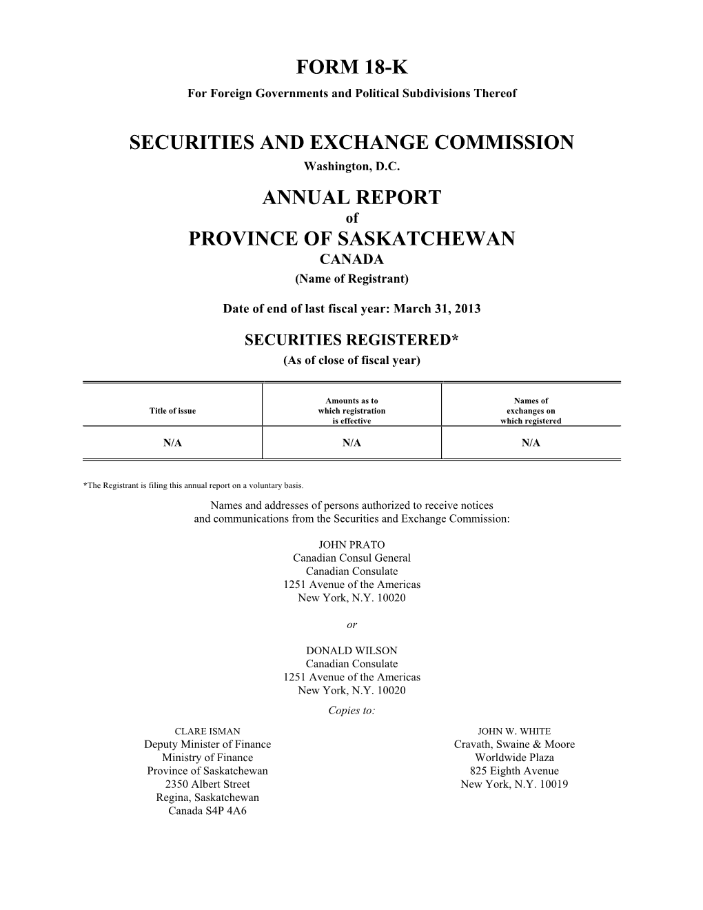 Form 18-K Securities and Exchange Commission