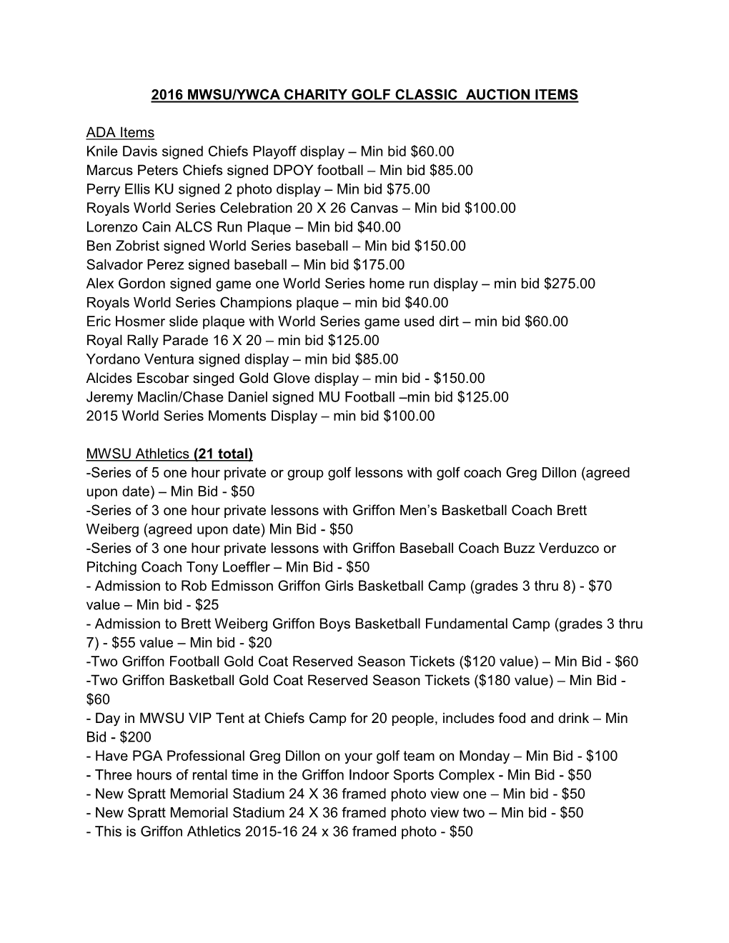 2016 Mwsu/Ywca Charity Golf Classic Auction Items Ada