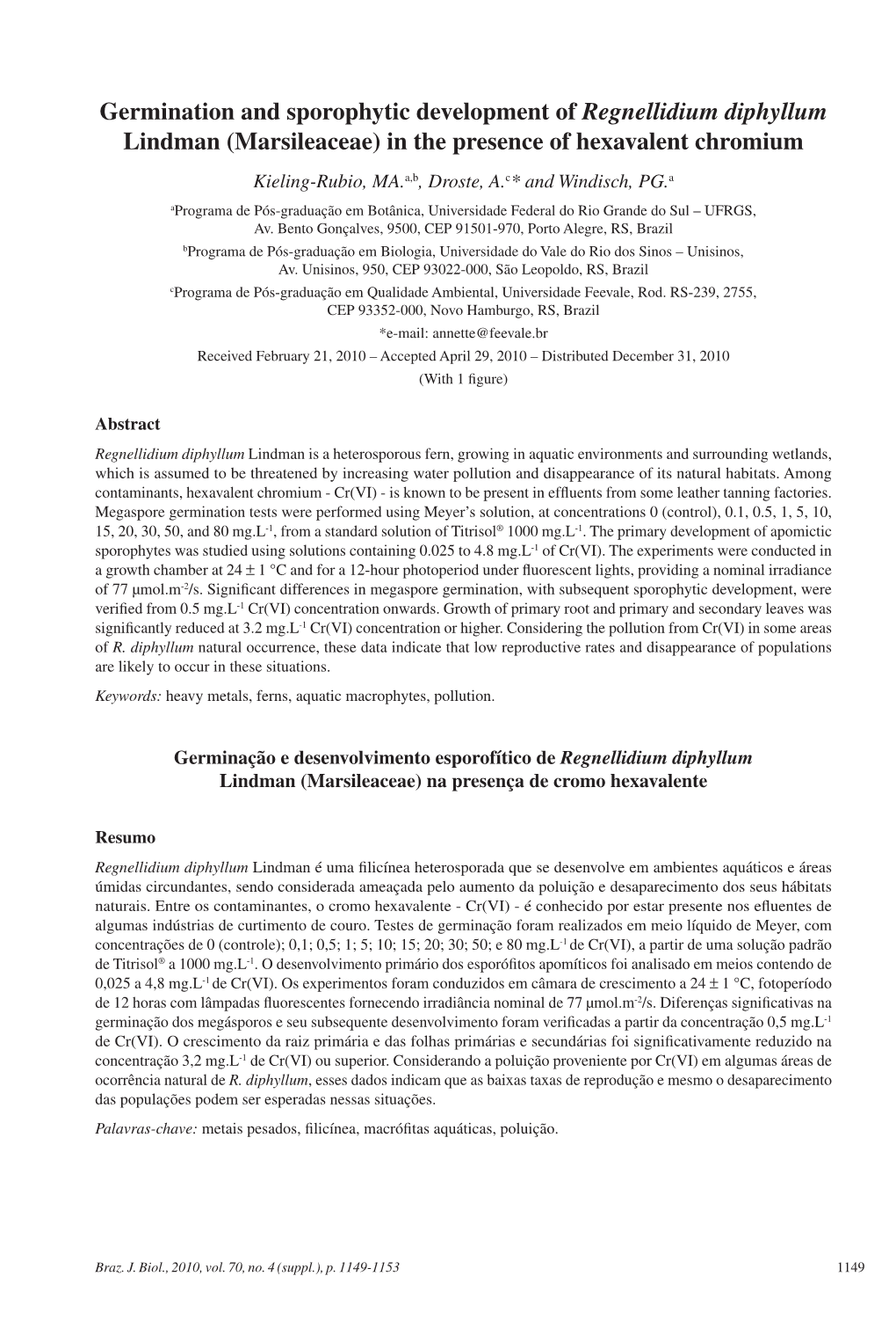 (Marsileaceae) in the Presence of Hexavalent Chromium