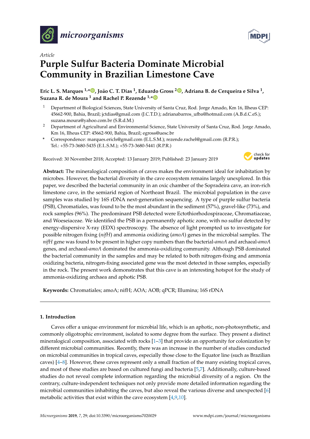 Purple Sulfur Bacteria Dominate Microbial Community in Brazilian Limestone Cave