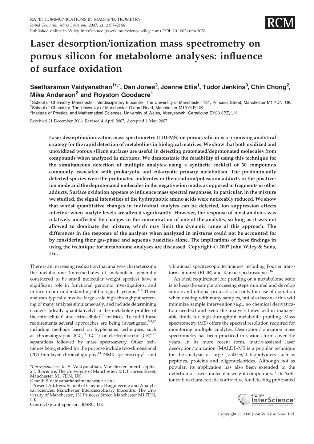 Laser Desorption/Ionization Mass Spectrometry on Porous Silicon for Metabolome Analyses: Inﬂuence of Surface Oxidation