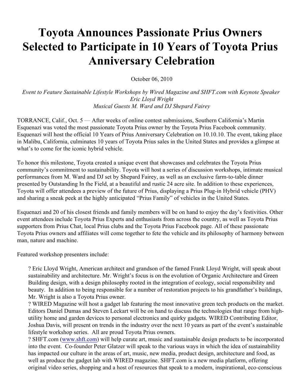 Toyota Announces Passionate Prius Owners Selected to Participate in 10 Years of Toyota Prius Anniversary Celebration