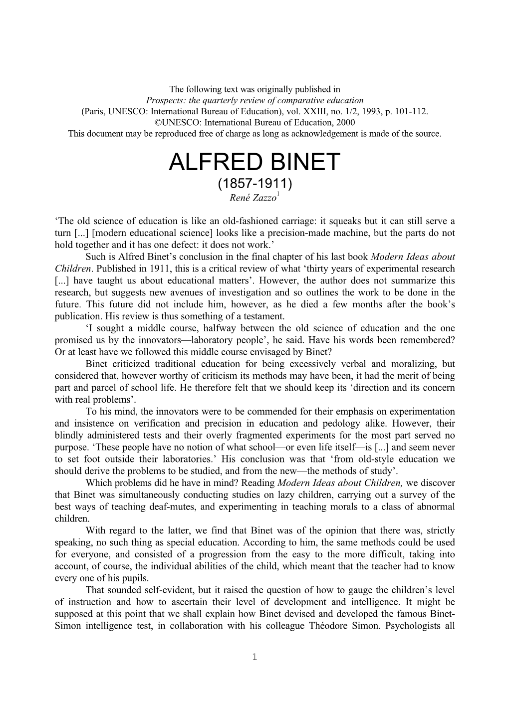 ALFRED BINET (1857-1911) René Zazzo1