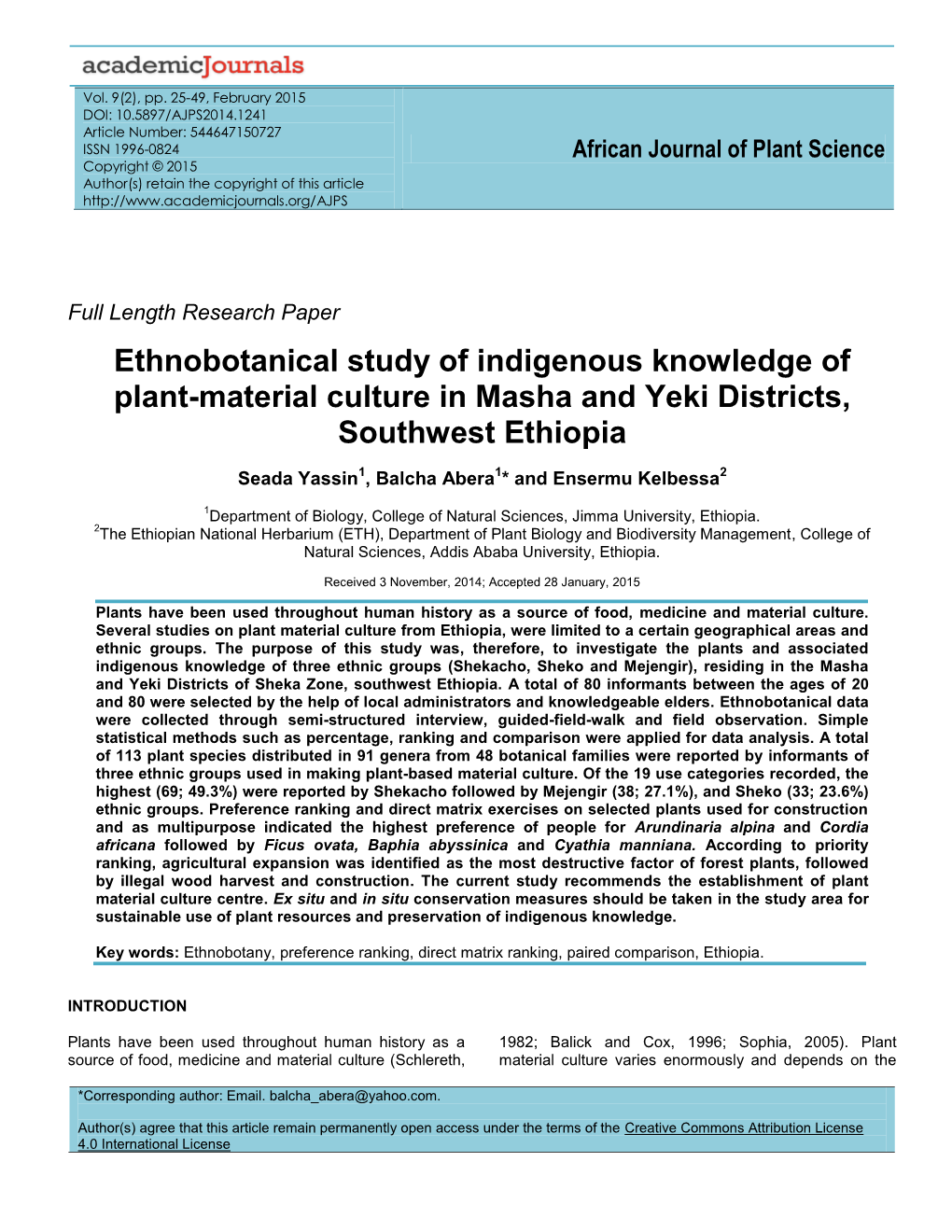 Ethnobotanical Study of Indigenous Knowledge of Plant-Material Culture in Masha and Yeki Districts, Southwest Ethiopia