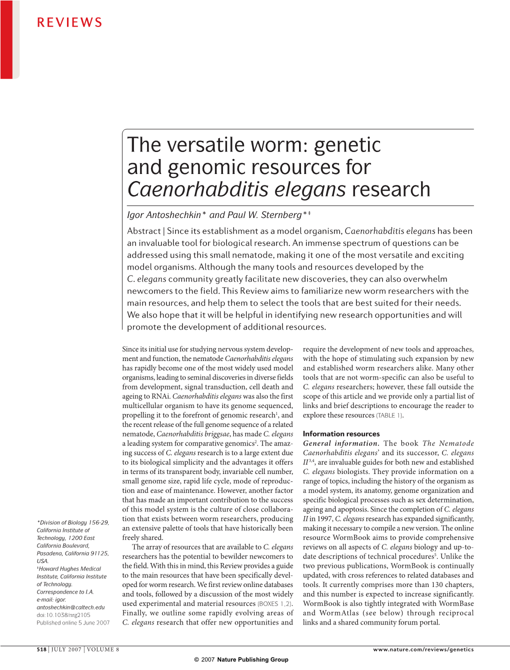 Genetic and Genomic Resources for Caenorhabditis Elegans Research