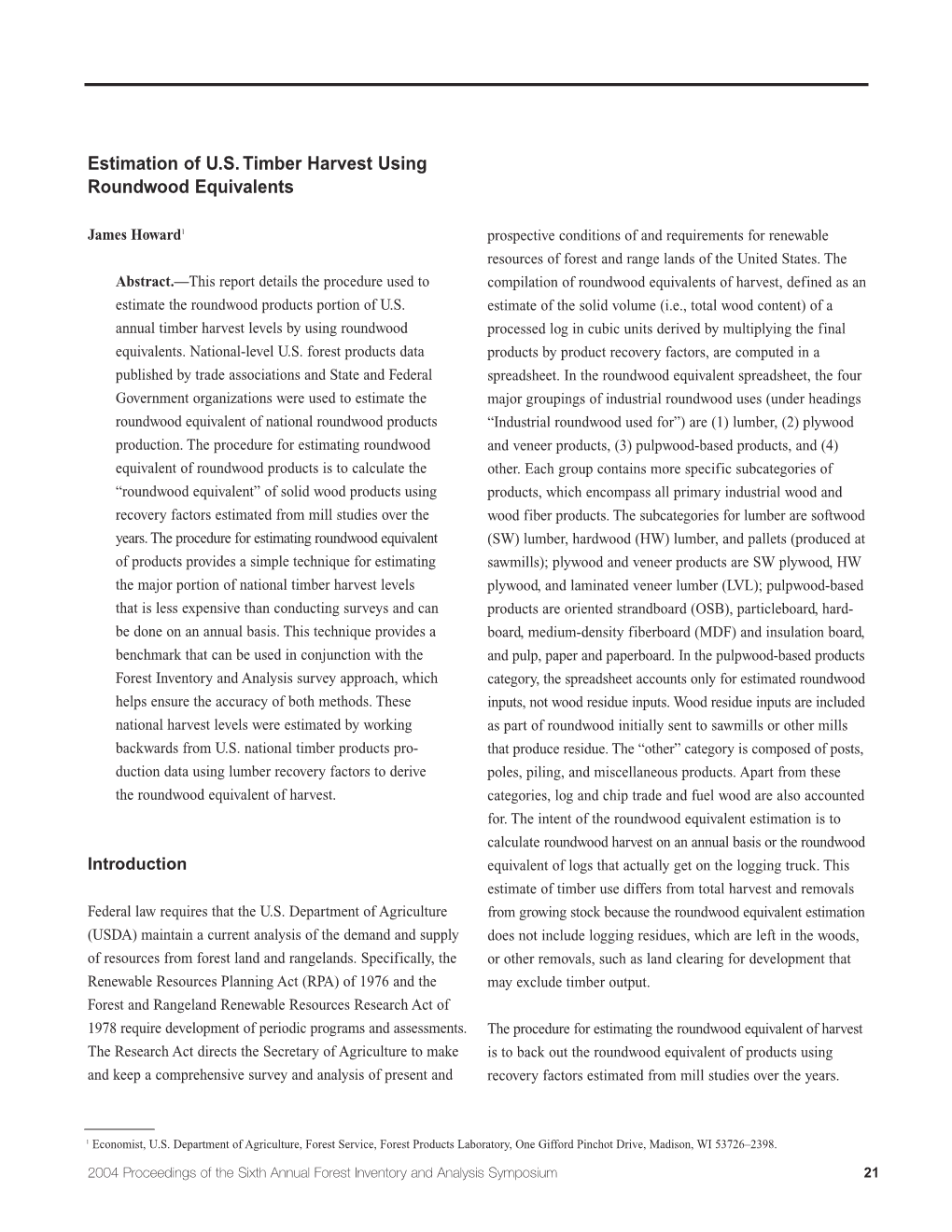 Estimation of U.S.Timber Harvest Using Roundwood Equivalents