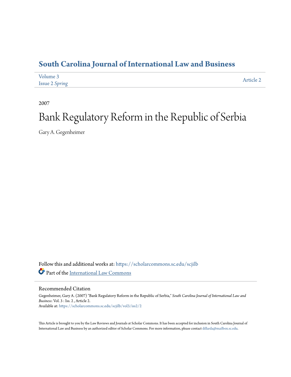 Bank Regulatory Reform in the Republic of Serbia Gary A