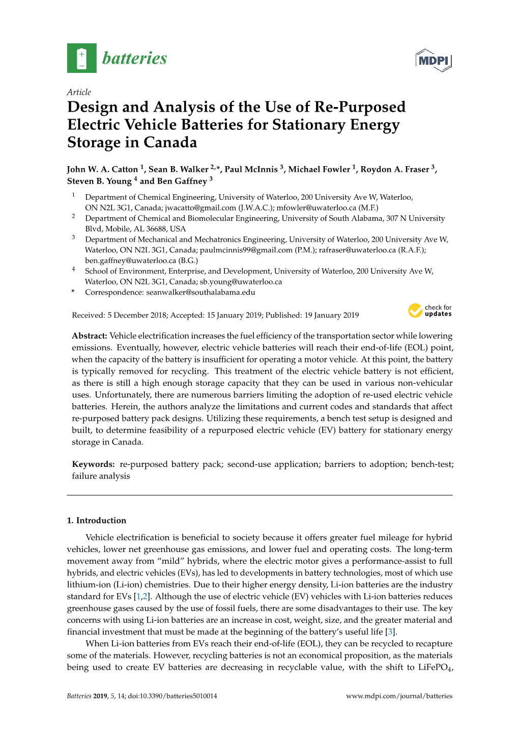 Design and Analysis of the Use of Re-Purposed Electric Vehicle Batteries for Stationary Energy Storage in Canada