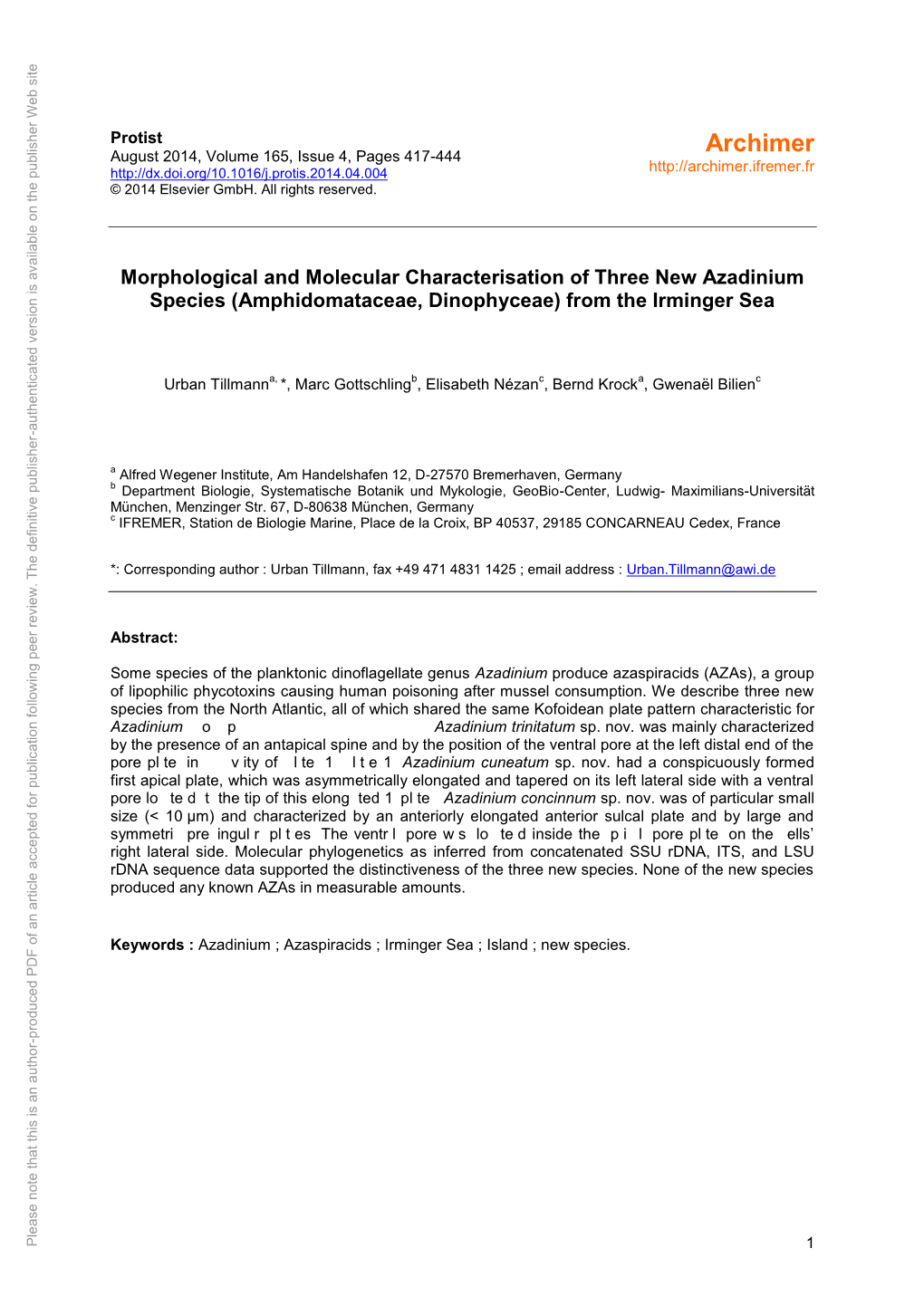 Morphological and Molecular Characterisation of Three New Azadinium Species (Amphidomataceae, Dinophyceae) from the Irminger