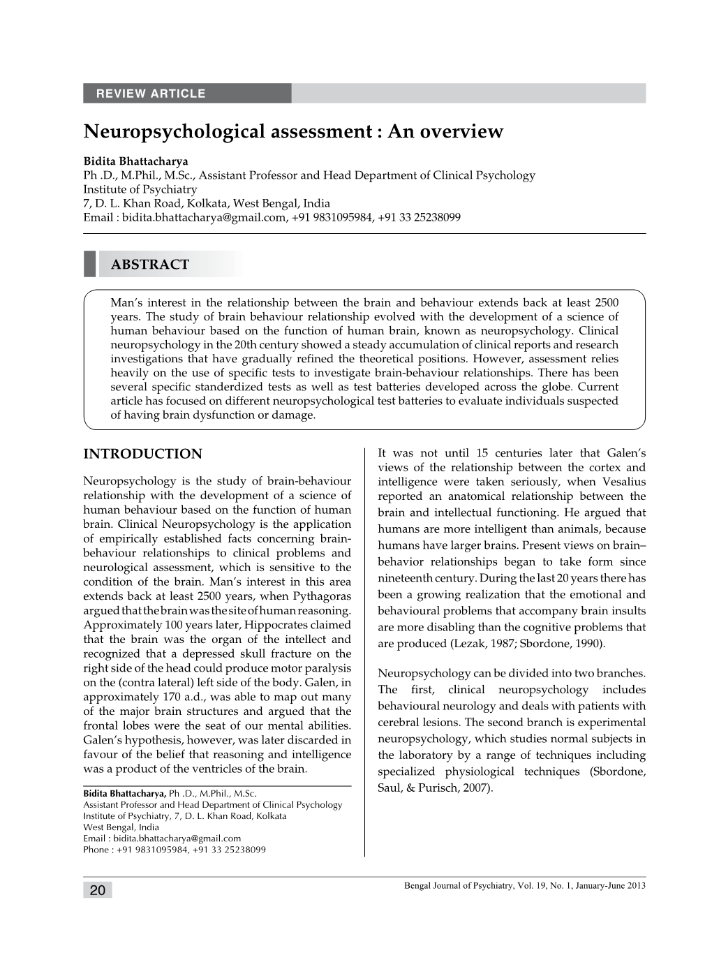 Neuropsychological Assessment : an Overview