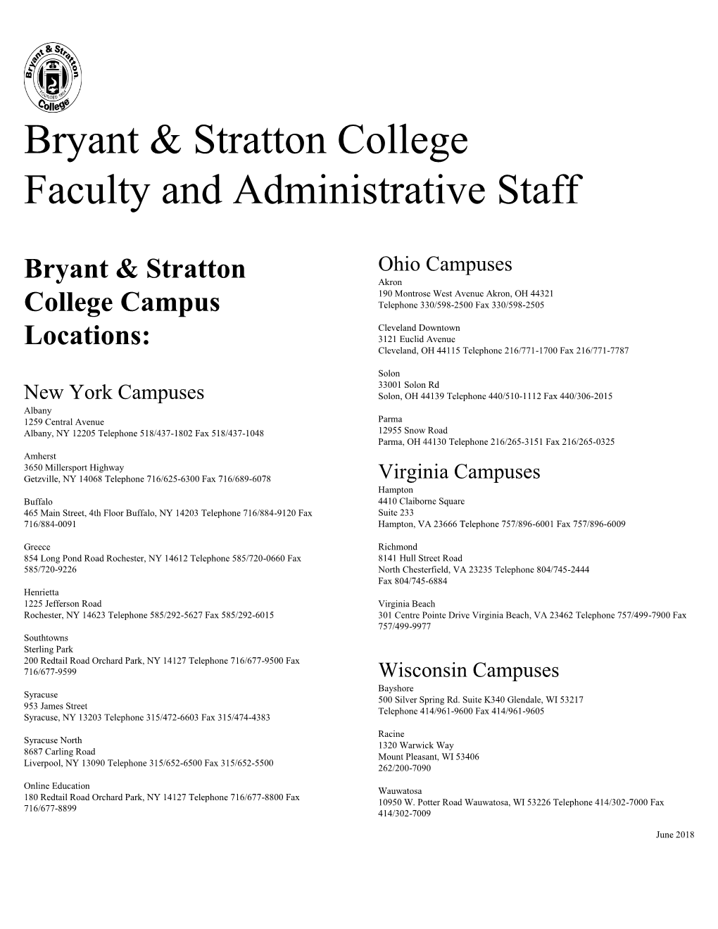 Bryant & Stratton College Faculty and Administrative Staff