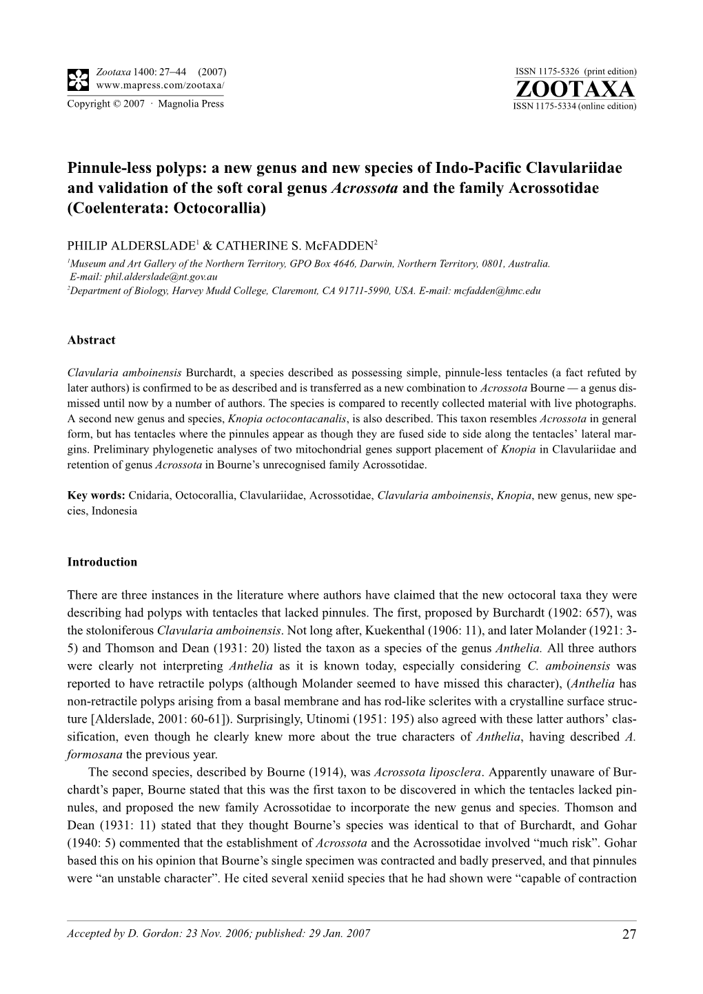 Zootaxa 1400: 27–44 (2007) ISSN 1175-5326 (Print Edition) ZOOTAXA Copyright © 2007 · Magnolia Press ISSN 1175-5334 (Online Edition)