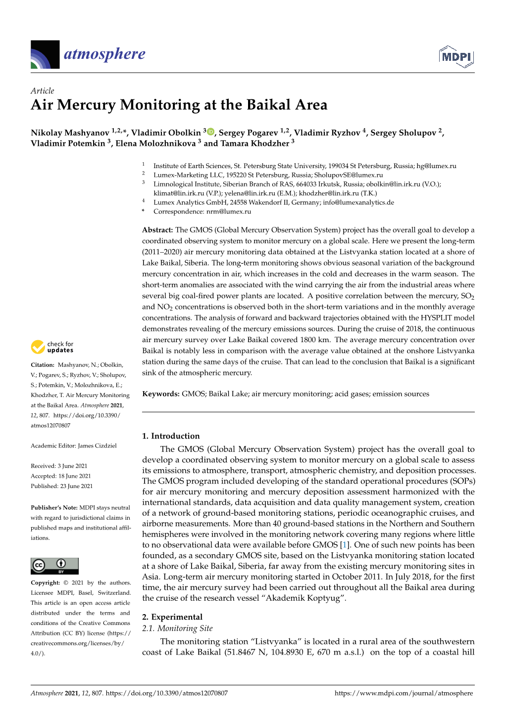 Air Mercury Monitoring at the Baikal Area