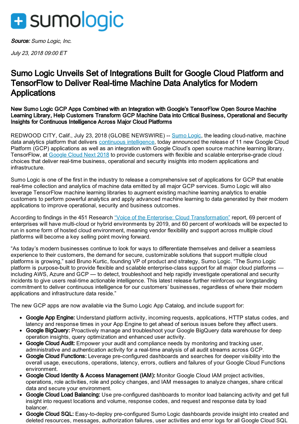 Sumo Logic Unveils Set of Integrations Built for Google Cloud Platform and Tensorflow to Deliver Real-Time Machine Data Analytics for Modern Applications