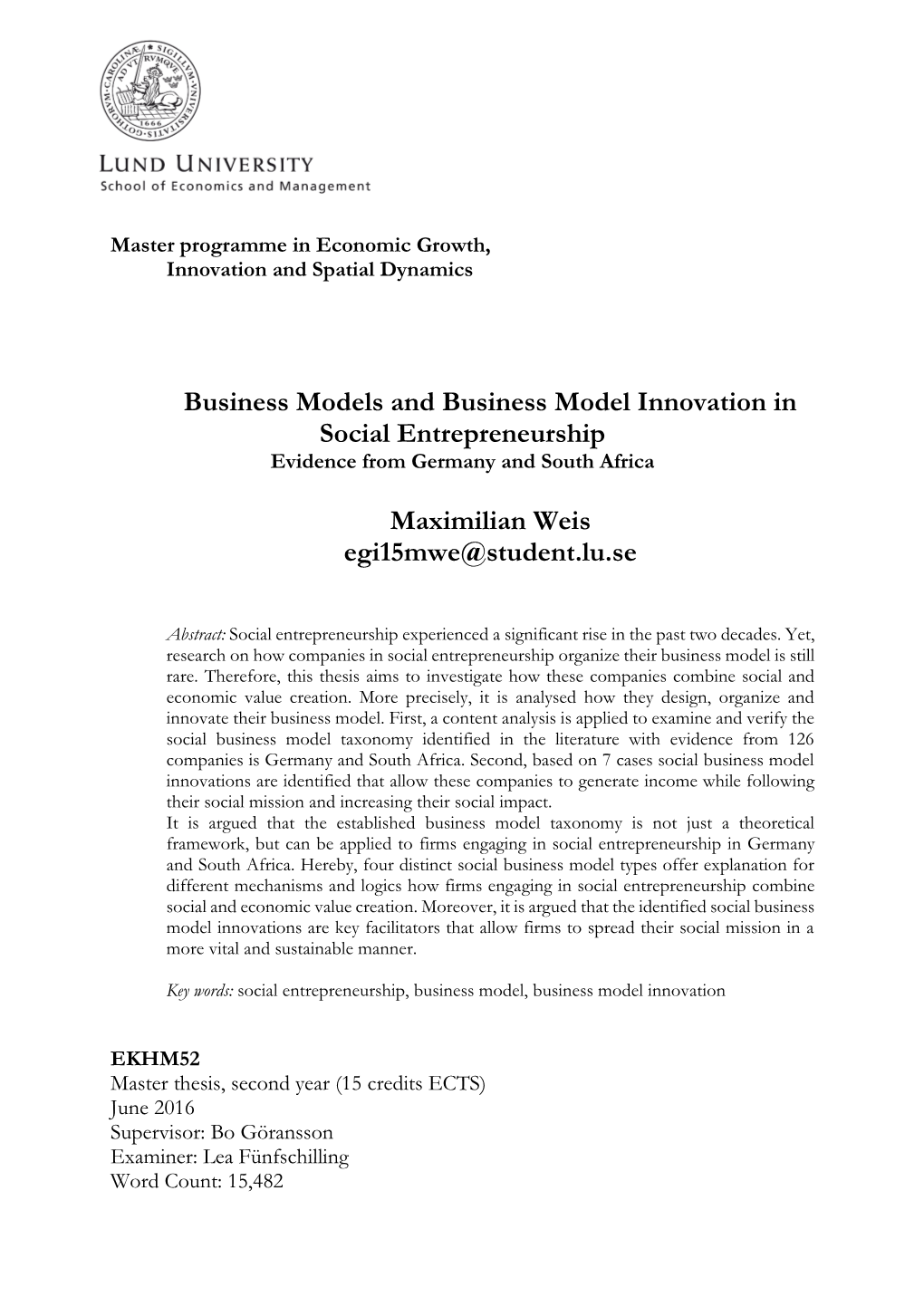 Business Models and Business Model Innovation in Social Entrepreneurship Evidence from Germany and South Africa