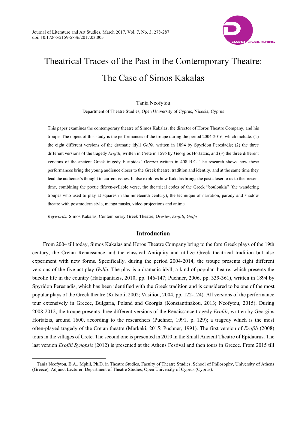 Theatrical Traces of the Past in the Contemporary Theatre: the Case of Simos Kakalas