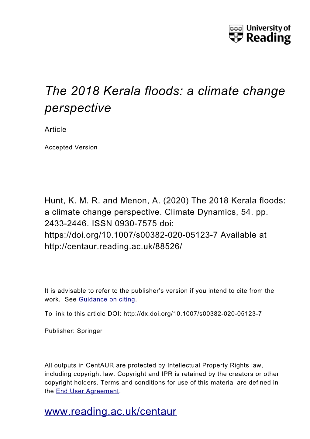 The 2018 Kerala Floods: a Climate Change Perspective