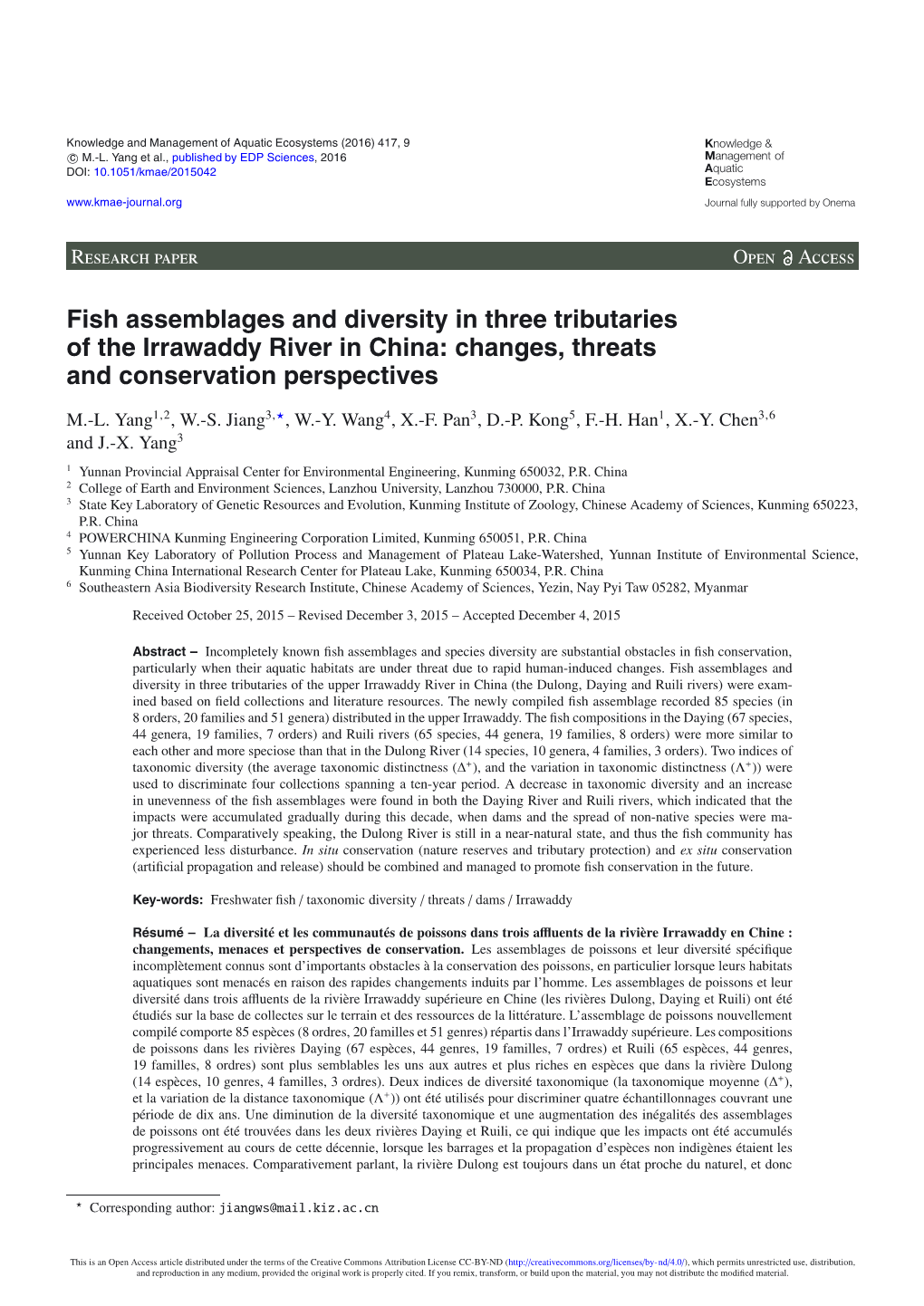 Fish Assemblages and Diversity in Three Tributaries of the Irrawaddy River in China: Changes, Threats and Conservation Perspectives