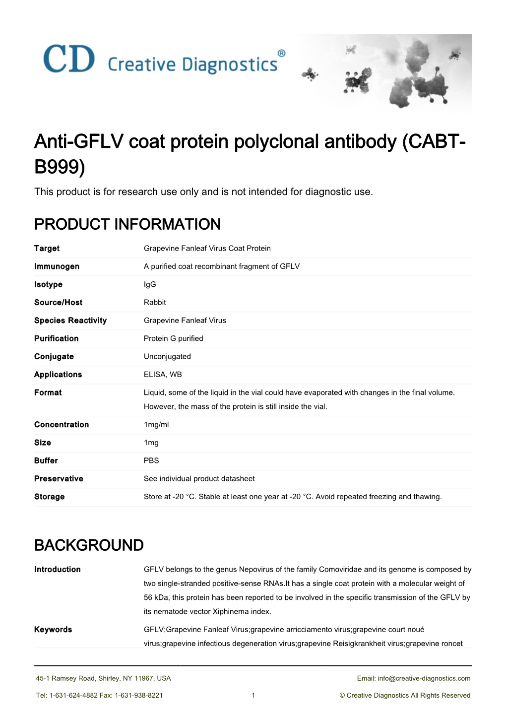 Anti-GFLV Coat Protein Polyclonal Antibody (CABT- B999) This Product Is for Research Use Only and Is Not Intended for Diagnostic Use