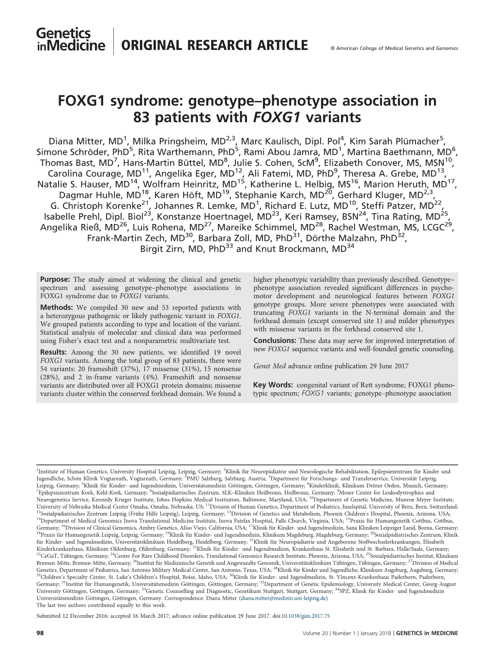 FOXG1 Syndrome: Genotype–Phenotype Association in 83 Patients with FOXG1 Variants