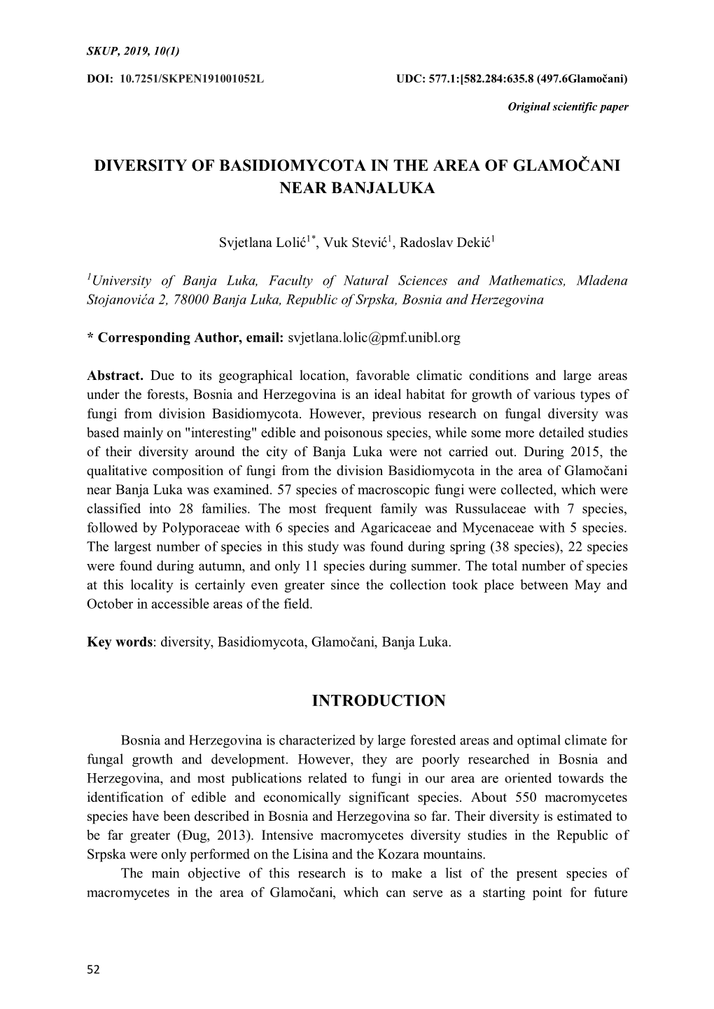 Diversity of Basidiomycota in the Area of Glamočani Near Banjaluka