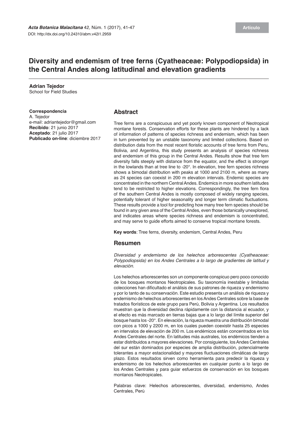 Diversity and Endemism of Tree Ferns (Cyatheaceae: Polypodiopsida) in the Central Andes Along Latitudinal and Elevation Gradients