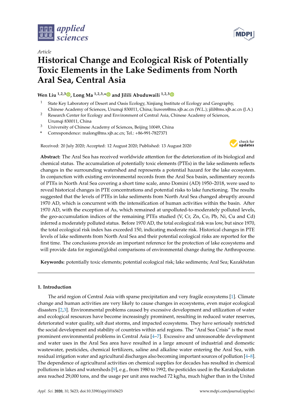 Historical Change and Ecological Risk of Potentially Toxic Elements in the Lake Sediments from North Aral Sea, Central Asia