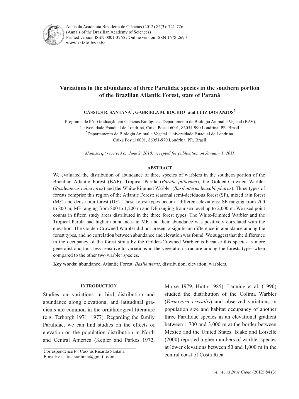 Variations in the Abundance of Three Parulidae Species in the Southern Portion of the Brazilian Atlantic Forest, State of Paraná