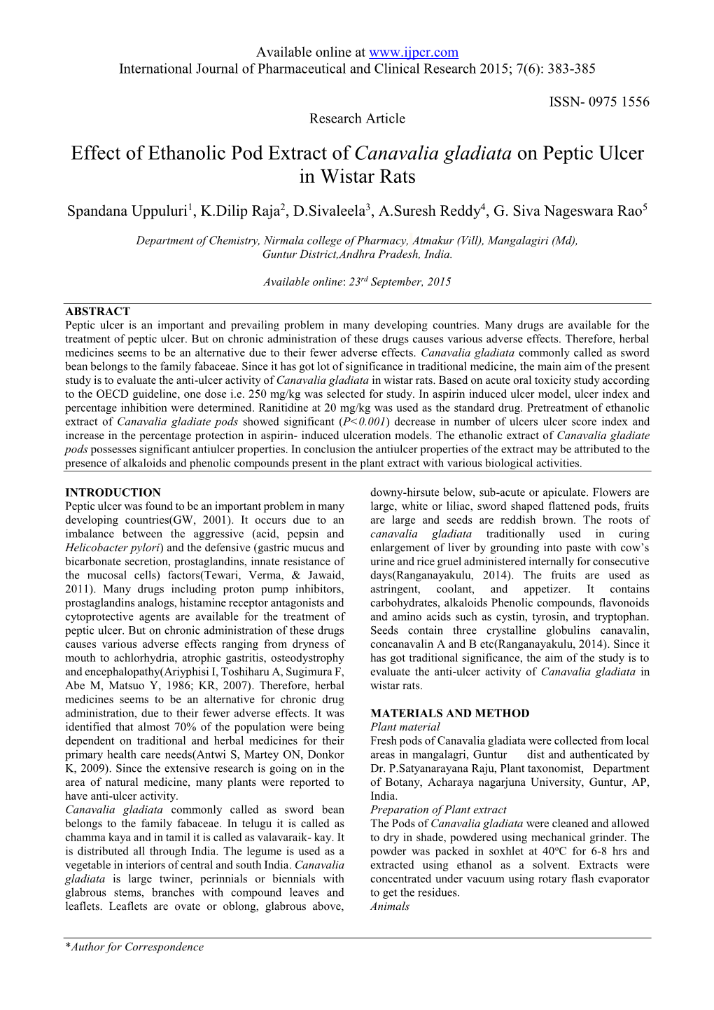 Canavalia Gladiata on Peptic Ulcer in Wistar Rats