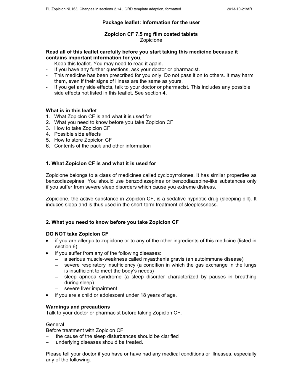 Package Leaflet: Information for the User Zopiclon CF 7.5 Mg Film Coated