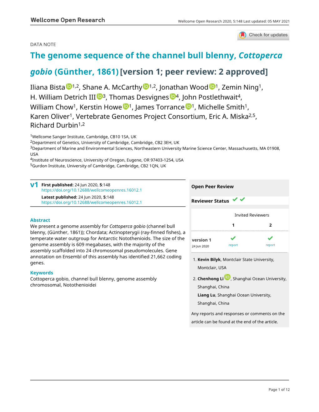 The Genome Sequence of the Channel Bull Blenny, Cottoperca Gobio (Günther, 1861) [Version 1; Peer Review: 2 Approved]