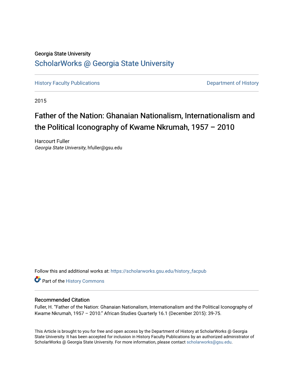 Ghanaian Nationalism, Internationalism and the Political Iconography of Kwame Nkrumah, 1957 – 2010