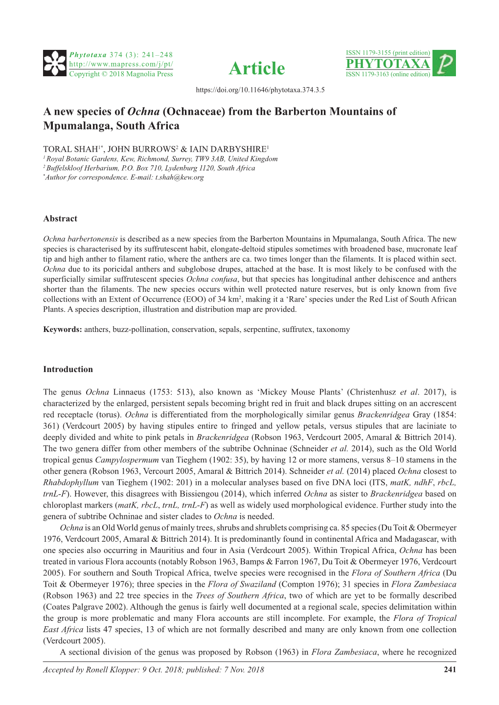 A New Species of Ochna (Ochnaceae) from the Barberton Mountains of Mpumalanga, South Africa