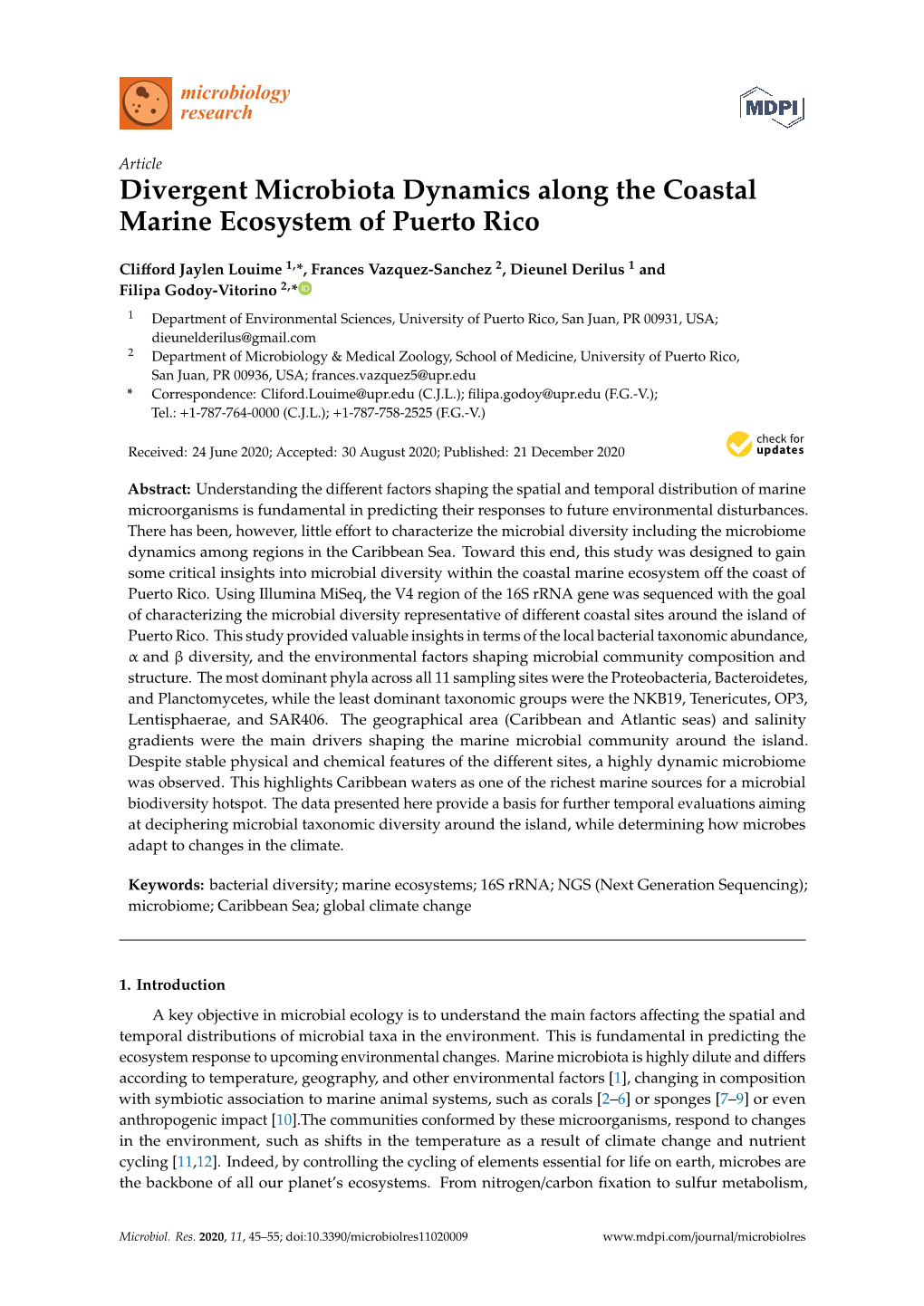 Divergent Microbiota Dynamics Along the Coastal Marine Ecosystem of Puerto Rico